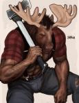 2015 5_fingers abs anthro arm_hair axe belly_hair biceps biped body_hair bottomwear brown_hair bulge chest_hair clothed clothing deer eyes_closed felling_axe fingers forearm_hair forearms fully_clothed grey_bottomwear grey_clothing hair hairy hairy_hands happy_trail hi_res lumberjack male mammal melee_weapon moose muscular muscular_anthro muscular_male new_world_deer open_clothing open_shirt open_topwear pants pattern_clothing pattern_shirt pattern_topwear pecs plaid plaid_clothing plaid_shirt plaid_topwear rnarccus shirt simple_background sitting solo suspenders topwear vein weapon weapon_on_shoulder