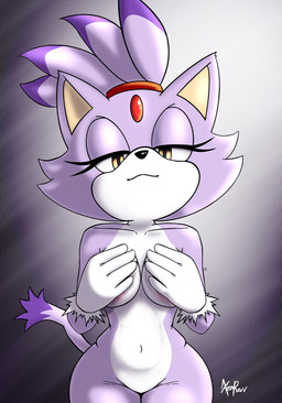 anthro areola big_breasts black_nose breasts clothing covering covering_breasts dipstick_tail eyelashes featureless_crotch female forehead_gem front_view fur gem gloves gloves_only handwear handwear_only looking_at_viewer markings mostly_nude navel nude pink_areola purple_body purple_fur solo tail tail_markings thick_thighs white_body white_clothing white_fur white_gloves white_handwear wide_hips yellow_eyes xenrevv sega sonic_the_hedgehog_(series) blaze_the_cat domestic_cat felid feline felis mammal hi_res