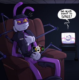 4_fingers angry anthro armchair assisted_masturbation balls caine_censorship censor_bar censored_genitalia censored_penis chair covering covering_mouth duo electronics fast_food_uniform female fingers furniture genitals hands_behind_back male mask masturbation mechanical_arm motion_lines name_tag penile penile_masturbation questionable_consent restrained_arms speech_bubble television ari_dibujitos glitch_productions spudsy's the_amazing_digital_circus gangle_(tadc) jax_(tadc) animate_inanimate humanoid lagomorph leporid living_mask mammal rabbit absurd_res alternate_version_at_paywall censored hi_res uncensored_version_at_paywall