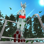 anthro bottomwear breasts clothed clothing dolphin_shorts featureless_breasts feet female hotpants medium_breasts paws plant quad_skates roller_skates shorts solo sunny toes topless tree mainarts felid feline lynx mammal 1:1 absurd_res hi_res