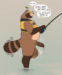 anthro balls big_balls bodily_fluids bottomless bottomless_anthro bottomless_male cheek_tuft clothed clothing dialogue dripping erection facial_tuft fishing fishing_rod foreskin genital_fluids genitals half-closed_eyes hat headgear headwear huge_balls humanoid_genitalia humanoid_penis leaf leaf_on_head life_jacket male markings narrowed_eyes open_mouth open_smile partially_submerged penis precum precum_drip precum_string slightly_chubby slightly_chubby_anthro slightly_chubby_male smile solo speech_bubble striped_markings striped_tail stripes tail tail_markings text tuft vein veiny_penis visor_cap roseonapot toast_(roseonapot) canid canine mammal raccoon_dog tanuki english_text hi_res