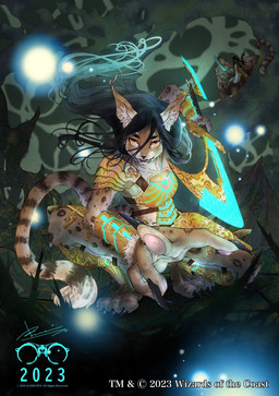 ambiguous_gender anthro anthro_focus armor black_hair breasts brown_body brown_eyes brown_fur claws crouching female female_focus feral fingerpads fur group hair holding_melee_weapon holding_object holding_weapon looking_at_viewer melee_weapon pawpads solo_focus tail text weapon riyou_kamei hasbro magic:_the_gathering wizards_of_the_coast domestic_cat felid feline felis mammal 2023 english_text hi_res official_art