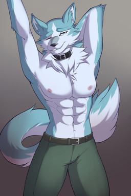 abs anthro arms_above_head belt bottomwear clothed clothing collar gradient_background hand_behind_head inner_ear_fluff looking_at_viewer male nipples one_eye_closed pants simple_background smile solo topless topless_anthro topless_male tuft wink kironzen brand_new_animal studio_trigger shirou_ogami canid canine canis mammal wolf 2022 digital_media_(artwork) hi_res