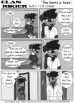 2018 4_fingers 80's_theme anthro black_and_white black_nose brother_(lore) brothers_(lore) brown_body brown_fur canid canine canis clothed clothing comic dialogue digital_media_(artwork) dobermann domestic_dog electronics english_text family fingers fur hair john_rikier male mammal messy_hair mirror monochrome multicolored_body multicolored_fur open_mouth phone pinscher rainier_rikier sibling_(lore) simple_background smile speech_bubble sweetfiction text tongue topless