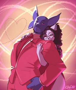 anthro biped bottomwear clothed clothed_anthro clothed_female clothed_male clothing duo eyewear female fingernails fingers front_view fully_clothed fully_clothed_anthro fully_clothed_male fur glasses hair looking_at_viewer male nails simple_background smile standing topwear kittydee felid feline mammal scalie 2026 digital_drawing_(artwork) digital_media_(artwork) hi_res