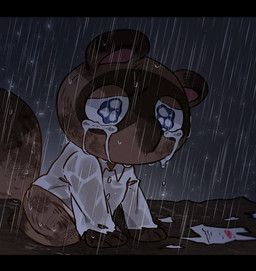 anthro black_bars blue_eyes bodily_fluids bottomless brown_body brown_fur clothed clothing collared_shirt crying dress_shirt fur kneeling male raining shirt solo tears topwear wet wet_clothing shandrawaka animal_crossing nintendo tom_nook_(animal_crossing) canid canine mammal raccoon_dog tanuki hi_res letterbox