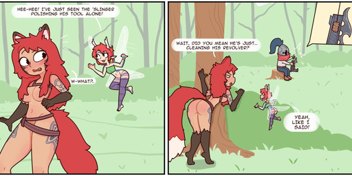 2_panel_comic antlers armor back_wings black_body black_fur clothing convenient_censorship crop_top dialogue ear_piercing ear_ring fangs female fur group gun hair hair_covering_breasts half-closed_eyes handgun harness headgear helmet horn humanoid_pointy_ears insect_wings male narrowed_eyes open_mouth open_smile orange_body orange_fur orange_hair piercing pointy_ears ranged_weapon revolver ring_piercing scarf shirt smile speech_bubble tattoo teeth text topwear tribal tribal_tattoo trio waist_accessory weapon white_body white_fur wide_eyed wings red7cat princess_hunter animal_humanoid canid canid_humanoid canine canine_humanoid fairy fox_humanoid human humanoid mammal mammal_humanoid english_text hi_res