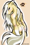 ambiguous_gender anthro biped brown_eyes butt equid equine fur gloves_(marking) hair heart_symbol horse long_hair looking_at_viewer looking_back lucah mammal markings outline rear_view solo standing tail white_body white_fur white_hair yellow_body yellow_fur