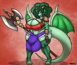 afro anthro armor axe balls big_balls big_breasts big_bulge big_penis bottomwear breasts bulge clothing genitals gloves gynomorph hair handwear horn hotpants huge_balls huge_breasts huge_bulge huge_penis hyper hyper_balls hyper_breasts hyper_bulge hyper_genitalia hyper_penis intersex legwear looking_at_viewer melee_weapon penis shorts solo stockings tail thick_thighs weapon wings araidian mythology haley_sturmbringer_(character) dragon mythological_creature mythological_scalie scalie 2018 busty_boy_(lore) male_(lore)