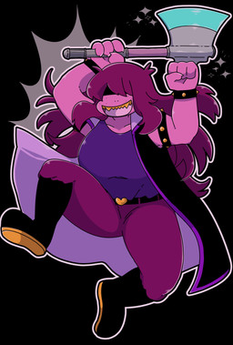anthro axe battle_axe belt big_breasts black_background boots bottomwear breasts clothing female fist_pump footwear freckled_face freckles hair hair_over_eyes holding_object holding_weapon huge_breasts non-mammal_breasts open_mouth open_smile outline pants pink_body purple_bottomwear purple_clothing purple_hair purple_pants purple_shirt purple_topwear sharp_teeth shirt shoes simple_background smile solo sparkles teeth topwear weapon white_outline yellow_teeth underchikichan deltarune undertale_(series) susie_(deltarune) scalie hi_res