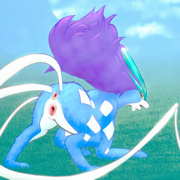animal_genitalia animal_vulva anus ass_up big_hair blue_body blue_fur blue_sky butt chin_spikes clitoris cloud crouching crystal crystal_horn day detailed_background digitigrade facial_spikes female female_feral feral fur genitals grass hair horn long_tail looking_at_viewer looking_back open_mouth orange_eyes outside plant presenting presenting_anus presenting_hindquarters presenting_vulva pseudo_horn purple_hair rear_view sky solo spikes spikes_(anatomy) tail thick_thighs thin_tail vulva white_body white_fur tohjoma nintendo pokemon generation_2_pokemon legendary_pokemon pokemon_(species) suicune 1:1 2023