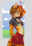 ahoge anthro blue_eyes blush bottomwear breasts brown_hair clothing cloud female fur hair high_waisted_bottomwear orange_body orange_fur side_view skirt small_breasts smile solo standing stripes under_boob synnfultiger synn_(synnfultiger) felid mammal pantherine tiger 2019 absurd_res hi_res