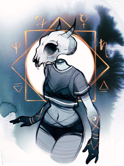 2_horns bone bra breasts cleavage clothed clothing crop_top fangs female floating_head grey_body grey_skin horn markings monster_girl_(genre) navel not_furry panties shirt skull skull_head solo t-shirt teeth topwear translucent translucent_clothing translucent_shirt translucent_topwear underwear feefal demon demon_humanoid humanoid monster digital_media_(artwork) hi_res mixed_media traditional_media_(artwork)