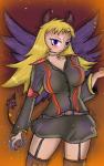 belt big_breasts black_body black_feathers blonde_hair blue_eyes blush boots breasts clothed clothing eyebrows eyelashes feathered_wings feathers female fire footwear glowing hair half-closed_eyes heart_symbol horn jewelry legwear long_hair looking_at_viewer magic narrowed_eyes necklace not_furry powers shoes simple_background solo standing wings cc e-01 demon humanoid mammal 2017 absurd_res digital_media_(artwork) hi_res