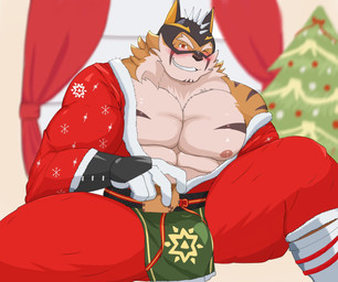 abs anthro blush christmas_clothing clothing countershading drunk holidays male mask muscular muscular_anthro muscular_male nipples one_eye_closed pecs sake_dish solo substance_intoxication superhero wearing_mask wink enjoyertiger christmas lifewonders live_a_hero ryekie_(live_a_hero) felid mammal pantherine tiger hi_res