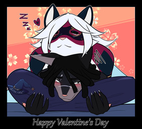 anthro bed bedding black_hair blanket blush cuddling dominant dominant_female domino_mask eyemask eyewear female fur furniture grey_body grey_fur hair holiday_message holidays magenta_fur male mask multicolored_body multicolored_fur pillow silver_markings sleeping submissive submissive_male text two_tone_body two_tone_fur white_body white_fur white_hair trevhart valentine's_day tesni_tano zora_orian domestic_cat felid feline felis mammal pantherine 2026 english_text hi_res