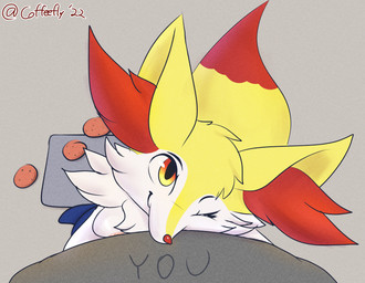 anthro areola breast_squish breasts cookie dipstick_tail female first_person_view food fur hug inner_ear_fluff looking_at_viewer looking_up markings nipples one_eye_closed red_body red_eyes red_fur smile squish tail tail_markings tuft white_body white_fur yellow_body yellow_fur coffeefly nintendo pokemon anon braixen canid generation_6_pokemon human mammal pokemon_(species) hi_res