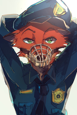 anthro badge cheek_tuft clothed clothing facial_tuft front_view green_eyes hands_behind_head hat headgear headwear looking_at_viewer muzzle_(object) muzzled necktie police police_uniform simple_background solo tuft uniform white_background wire_basket_muzzle bi-koo disney zootopia nick_wilde canid canine fox mammal red_fox true_fox 2:3 hi_res