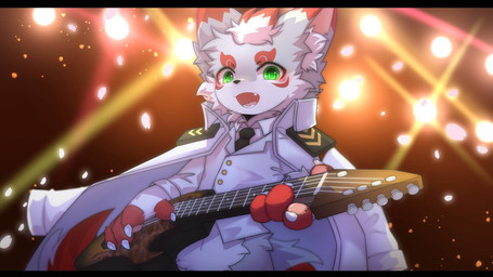 4_fingers anthro biped black_bars claws clothing concert electric_guitar fangs fingers fluffy fluffy_tail fur green_eyes grey_body grey_fur guitar holding_guitar holding_musical_instrument holding_object inner_ear_fluff jacket kemono light light_beam looking_at_viewer looking_down looking_down_at_viewer low-angle_view male multicolored_body multicolored_fur musical_instrument necktie night open_mouth open_smile outside pawpads paws playing_guitar playing_music plucked_string_instrument red_body red_fur rock_(genre) singer smile smiling_at_viewer solo string_instrument tail teeth topwear tuft uniform white_body white_clothing white_fur white_jacket white_topwear white_uniform hlg7777 rugin canid canine canis mammal wolf 2023 digital_drawing_(artwork) digital_media_(artwork) letterbox lighting shaded wallpaper