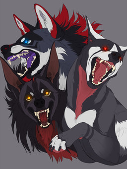 3_heads ambiguous_gender black_body black_claws black_ears black_fur black_nose black_sclera blue_eyes cheek_tuft claws facial_tuft fangs feral forked_tongue front_view fur glistening glistening_eyes grey_background group inner_ear_fluff multi_head open_mouth orange_eyes pawpads purple_tongue red_body red_ears red_eyes red_fur red_pawpads red_tongue simple_background teeth tongue trio tuft unsigned white_body white_fur white_inner_ear_fluff rayliicious european_mythology greek_mythology mythology canid canid_demon canine cerberus demon hellhound mammal mythological_canine mythological_creature 3:4 hi_res