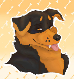 anthro black_body black_fur brown_body brown_fur fangs fur male orange_eyes pink_tongue simple_background smile solo teeth tongue furrymammy canid canine canis domestic_dog mammal molosser absurd_res hi_res portrait
