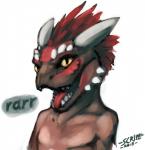 anthro brown_body brown_skin feathers horn male nude open_mouth open_smile pupils red_body red_feathers simple_background slit_pupils smile solo teeth text tongue white_background yellow_eyes scritt bethesda_game_studios microsoft skyrim the_elder_scrolls sairaks argonian lizard reptile scalie 2015 bust_portrait hi_res portrait