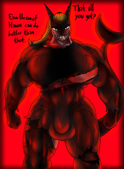 anthro baki battle_damage biceps big_breasts big_bulge big_muscles big_penis blonde_hair blood bodily_fluids breasts bulge clothing damaged dialogue evil_grin genitals gynomorph hair huge_breasts huge_bulge huge_muscles huge_penis hyper hyper_muscles intersex latex latex_clothing latex_skinsuit long_tail looking_at_viewer muscular muscular_anthro muscular_intersex penis ponytail red_background sharp_teeth simple_background skinsuit smile smiling_at_viewer solo tail talking_to_viewer teeth text tight_clothing torn_clothing wide_stance m4n aquatic fish shark english_text hi_res