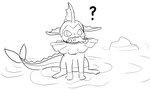 ambiguous_gender black_line_art duo fangs feral fish_in_mouth front_view lake open_mouth partially_submerged paws question_mark rock sitting solo_focus tail teeth water fluorite nintendo pokemon eeveelution fish generation_1_pokemon marine pokemon_(species) vaporeon digital_drawing_(artwork) digital_media_(artwork) full-length_portrait hi_res line_art monochrome portrait