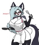 anthro apron apron_only big_breasts blush breasts clothing cookware dialogue female female_anthro frying_pan kitchen_utensils legwear looking_at_viewer small_waist solo spatula thigh_highs tools wide_hips pace-maker helluva_boss mythology loona_(helluva_boss) canid canid_demon canine canis demon hellhound mammal mythological_canine mythological_creature wolf dia_(disambiguation)