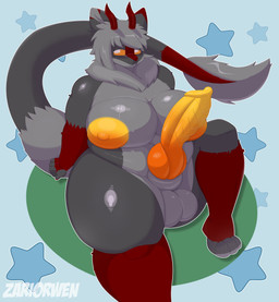 anthro areola balls big_areola big_balls big_breasts breasts erection genitals glistening glistening_body grey_body gynomorph hair huge_breasts intersex knot knotted_penis long_tail neck_tuft nipples overweight paws penis presenting short_hair sitting solo spread_legs spreading star tail thick_thighs tuft wide_hips yellow_areola yellow_eyes yellow_penis zariorwen mythology dragon mythological_creature mythological_scalie scalie hi_res