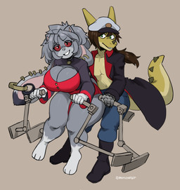 anthro big_breasts breasts cleavage clothed clothing coat duo ear_piercing female floppy_ears fur gauged_ear gold_(metal) gold_ring green_body green_scales grey_body grey_fur grey_hair hair handle hat headgear headwear long_tail lop_ears male male/female messy_hair metal_hand peaked_cap piercing pilot ponytail red_sclera scales smile spiked_tail spikes spikes_(anatomy) tail topwear murninatair jund_(smugjund) canid canine canis hybrid lagomorph leporid lizard mammal rabbit reptile scalie wolf hi_res