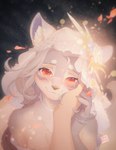 anthro caressing_face clothing dress female looking_at_viewer red_eyes solo wedding_dress wedding_veil mzhh onmyoji hakuro_(onmyoji) canid canine canis mammal wolf hi_res