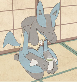 anthro blue_body blue_fur chest_spike container cup eyes_closed fur gloves_(marking) grey_body grey_fur holding_container holding_cup holding_mug holding_object inside kneeling male male_anthro markings mug nude solo spikes spikes_(anatomy) yellow_body yellow_fur hardscales nintendo pokemon generation_4_pokemon lucario pokemon_(species) hi_res