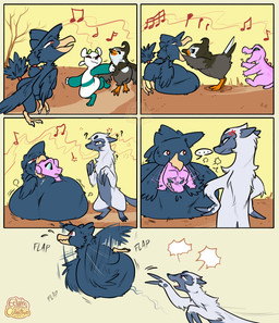 abdominal_bulge ambiguous_gender bodily_fluids cross-popping_vein feral fleeing flying group hypnosis hypnotic_music hypnotized_prey mind_control multiple_prey oral_vore plant question_mark soft_vore sound_effects speech_bubble struggling struggling_prey sweat sweatdrop tree unwilling_prey vore eclairscollection nintendo pokemon generation_2_pokemon generation_4_pokemon generation_5_pokemon mienfoo mienshao murkrow pokemon_(species) staravia totodile comic