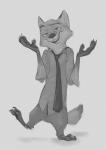 anthro barefoot biped cheek_tuft claws clothed clothing facial_tuft feet gesture grey_background half-closed_eyes looking_at_viewer male narrowed_eyes necktie shrug simple_background smile smirk solo standing toe_claws tuft monoflax disney zootopia nick_wilde canid canine fox mammal red_fox true_fox 2018 absurd_res greyscale hi_res monochrome