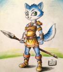 anthro armor belt black_nose blue_body blue_fur blue_hair boots bracers clothing female footwear fur gem grass green_eyes hair jewelry markings melee_weapon necklace outside plant polearm shoes shoulder_pads smile solo spear staff tribal weapon white_body white_fur penmark dinosaur_planet nintendo rareware krystal_(dinosaur_planet) felid feline mammal 2015 hi_res signature