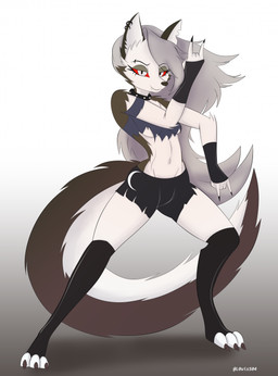 anthro black_bottomwear black_clothing black_gloves black_handwear black_legwear black_shorts black_thigh_highs blue_clothing blue_crop_top blue_shirt blue_topwear bottomwear breasts claws clothed clothing collar crop_top devil_horns_(gesture) digitigrade eyebrow_piercing facial_piercing female fingerless_gloves fingers fluffy fluffy_tail front_view fur gesture gloves grey_body grey_fur grey_hair hair half-closed_eyes hand_gesture handwear humanoid_hands jojo_pose legwear long_hair long_tail medium_breasts midriff narrowed_eyes navel piercing pose red_sclera shadow shirt shorts simple_background skimpy smile snaggle_tooth solo spiked_collar spikes standing tail text thigh_highs toe_claws topwear torn_bottomwear torn_clothing torn_shorts torn_topwear under_boob white_background white_eyes louiss. diamond_is_unbreakable hellaverse helluva_boss jojo's_bizarre_adventure mythology loona_(helluva_boss) canid canid_demon canine demon hellhound mammal mythological_canine mythological_creature artist_name colored full-length_portrait hi_res portrait