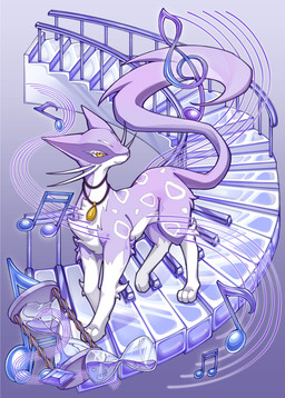 ambiguous_gender feral fur hourglass_(object) jewelry musical_note musical_symbol necklace piano_keys pink_body pink_fur solo spots stairs symbol tail white_body white_fur yellow_eyes chudi nintendo pokemon yemao_(kianyemao) felid generation_5_pokemon liepard mammal pokemon_(species) absurd_res hi_res