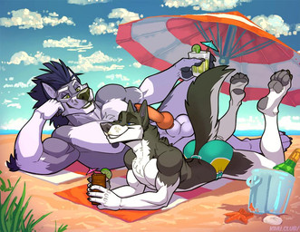 4_toes 5_fingers alcohol animal_genitalia animal_penis anthro anthro_on_anthro arm_tuft athletic balls beach beverage biceps blue_hair canine_genitalia canine_penis chest_tuft claws clothing cloud duo elbow_tuft erection eye_contact feet feet_up fingers food fruit genitals grass grin hair knot lime looking_at_another lying male male/male muscular muscular_male on_front on_side pawpads penis plant seaside sheath sky smile soles swimwear toe_claws toes tuft umbrella kihu canid canine canis mammal wolf 2019 alternate_version_at_source