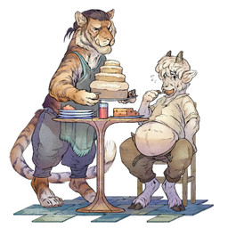 anthro apron belly belt beverage big_belly bodily_fluids bottomwear brown_hair cake chair claws clothed clothing cloven_hooves dessert digitigrade duo eating eyes_closed fingers flying_sweatdrops food force_feeding forced fur furniture hair holding_fork hooved_fingers hooves horn licking licking_lips male nervous open_belt open_bottomwear open_clothing open_pants orange_body orange_fur overweight overweight_anthro overweight_male pants plate ponytail sitting striped_body striped_fur stripes sweat sweatdrop table tongue tongue_out unguligrade weight_gain white_body white_fur passerine_dragon bovid caprine felid goat mammal pantherine tiger 1:1