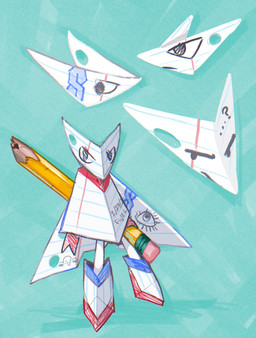 ambiguous_gender anthro biped blue_background drawn_on_face eraser expressions holding_object holding_pencil hole_(anatomy) lined_paper micro pencil_(object) question_mark simple_background solo standing striped_body stripes fivel cool_s kilroy_was_here animate_inanimate paper_creature 2025 dated hi_res signature