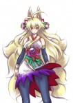 antenna_hair armwear asian_clothing bare_shoulders blonde_hair clothing colored_nails detached_sleeves east_asian_clothing female fox_tail hair japanese_clothing legwear long_hair looking_at_viewer multi_tail nails pantyhose pupils red_eyes scroll simple_background slit_pupils solo tail white_background wristband johan_(johan13) shinrabanshou izuna_(shinrabanshou) animal_humanoid canid canid_humanoid canine canine_humanoid fox fox_humanoid humanoid mammal mammal_humanoid