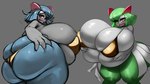 big_breasts big_butt bikini blue_body blue_hair blush breast_grab breasts butt clothing curvy_figure deep_skin duo eyelashes female gold_bikini green_body green_hair grey_background hair hand_on_breast huge_breasts huge_butt hyper hyper_breasts hyper_butt looking_at_viewer not_furry open_mouth red_eyes simple_background spiral_eyes standing swimwear thick_thighs two-piece_swimsuit voluptuous white_body yboon golden_week nintendo pokemon ellen_(djthepokemen) ellia_(yboon) generation_3_pokemon humanoid kirlia pokemon_(species) shiny_pokemon absurd_res hi_res sibling_(lore) sister_(lore) sisters_(lore)