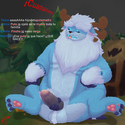 3_toes 4_arms 4_fingers anthro antlers ball_tuft balls black_sclera blue_body blue_claws blue_eyes blue_fur claws clenched_teeth curling_toes darkened_genitalia detailed_background dialogue eye_roll eyebrows feet finger_claw fingers foreskin forest fur fur_markings genitals grass hand_on_ground handjob horn humanoid_genitalia humanoid_penis legs_up male mane markings masturbation multi_arm multi_limb overweight overweight_anthro overweight_male partially_retracted_foreskin pawpads penile penis pink_inner_ear pink_pawpads pink_penis pink_tongue plant rock sex sitting solo teeth text thick_eyebrows toes tongue tongue_out tree tuft tusks white_body white_eyebrows white_fur demi_owo league_of_legends riot_games tencent willump_(lol) yeti 1:1 2025 artist_name digital_drawing_(artwork) digital_media_(artwork) english_text hi_res shaded signature spanish_text