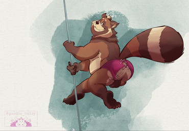 anthro balls belly black_nose brown_body butt clothing genitals humanoid_hands male overweight overweight_male pole solo stripper stripper_pole underwear goodie_holly kalibus canid canine mammal raccoon_dog tanuki 2022 hi_res