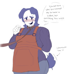 blush clothing collar facial_hair floppy_ears hair leash male overalls purple_hair solo tail tail_motion tailwag text henny1898050 deltarune undertale_(series) ramb_(deltarune) darkner plugboy english_text hi_res