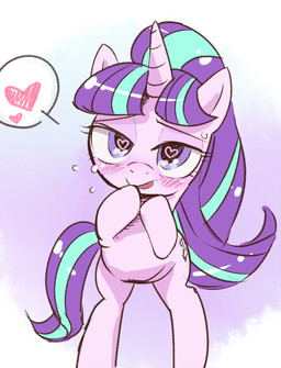 bedroom_eyes blush female feral hair heart_eyes heart_symbol horn looking_at_viewer multicolored_hair narrowed_eyes on_hind_legs open_mouth pink_body ponytail purple_eyes purple_hair purple_tail seductive smile solo tail two_tone_hair two_tone_tail knattoh friendship_is_magic hasbro my_little_pony mythology starlight_glimmer_(mlp) equid equine mammal mythological_creature mythological_equine unicorn 2015 digital_drawing_(artwork) digital_media_(artwork)
