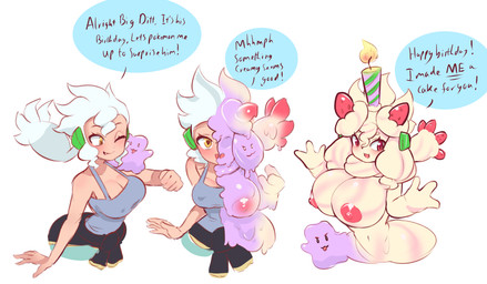 ambiguous_gender big_breasts breast_expansion breasts candle clothed clothed_female clothed_human clothing dialogue duo expansion female fire food fruit goo_transformation hair heart_eyes heart_symbol huge_breasts human_to_humanoid linear_sequence nipples nude nude_female nude_humanoid pink_nipples plant pokemon_professor pokemon_transformation red_eyes simple_background species_transformation speech_bubble strawberry tan_body text transformation transformation_sequence white_background white_hair wide_hips yellow_eyes bimboaudino nintendo pokemon professor_burnet alcremie ditto_(pokemon) food_creature generation_1_pokemon generation_8_pokemon goo_creature human humanoid mammal pokemon_(species) 2025 english_text hi_res