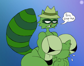 anthro belly big_breasts bodily_fluids bottom_heavy bra breasts bulge cheek_tuft clothing countershade_belly countershade_breasts countershading curvy_figure dialogue duo ear_piercing ear_ring eyelashes facial_markings facial_tuft fedora femboy flying_sweatdrops fur gradient_background green_body green_fur gynomorph hat head_between_breasts head_markings headgear headwear heart_nose heart_symbol huge_breasts intersex logo looking_down looking_down_at_another male markings mask_(marking) motorboating narrowed_eyes navel piercing raised_tail ring_piercing simple_background speech_bubble spherical_breasts striped_markings striped_tail stripes sweat sweatdrop tail tail_markings text thick_thighs thong tuft underwear wide_hips thatdawgmurray happy_tree_friends lifty_(htf) shifty_(htf) mammal procyonid raccoon aliasing artist_logo artist_name digital_media_(artwork) english_text hi_res signature brother_(lore) brothers_(lore) incest_(lore) sibling_(lore)