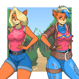 anthro beach belt belt_buckle belt_pouch blonde_hair blue_hair bottomwear breasts buckle clothing denim denim_bottomwear denim_clothing duo eyebrows eyelashes female forest fur green_eyes hair jacket jeans long_hair looking_at_viewer orange_body orange_fur outside palm_tree pants path plant shirt shorts smile smiling_at_viewer tank_top topwear torn_clothing tree chisheq activision crash_bandicoot_(series) tawna_bandicoot 1:1
